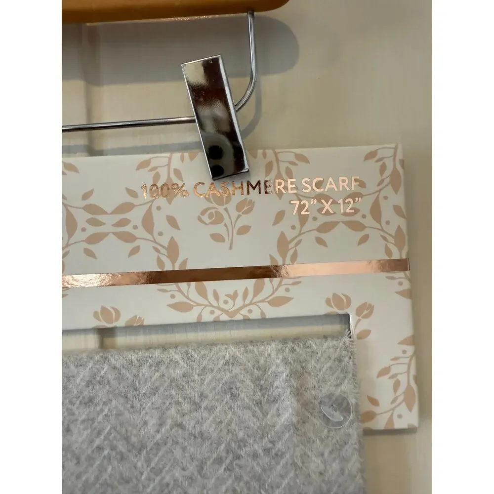 La Seine Fringed Cashmere Scarf Light Gray Herringbone Print